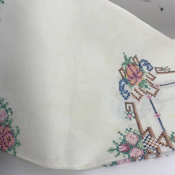 Vintage White Linen Tablecloth Embroidered Cross Stitched Floral Baskets - Picture 7 of 7